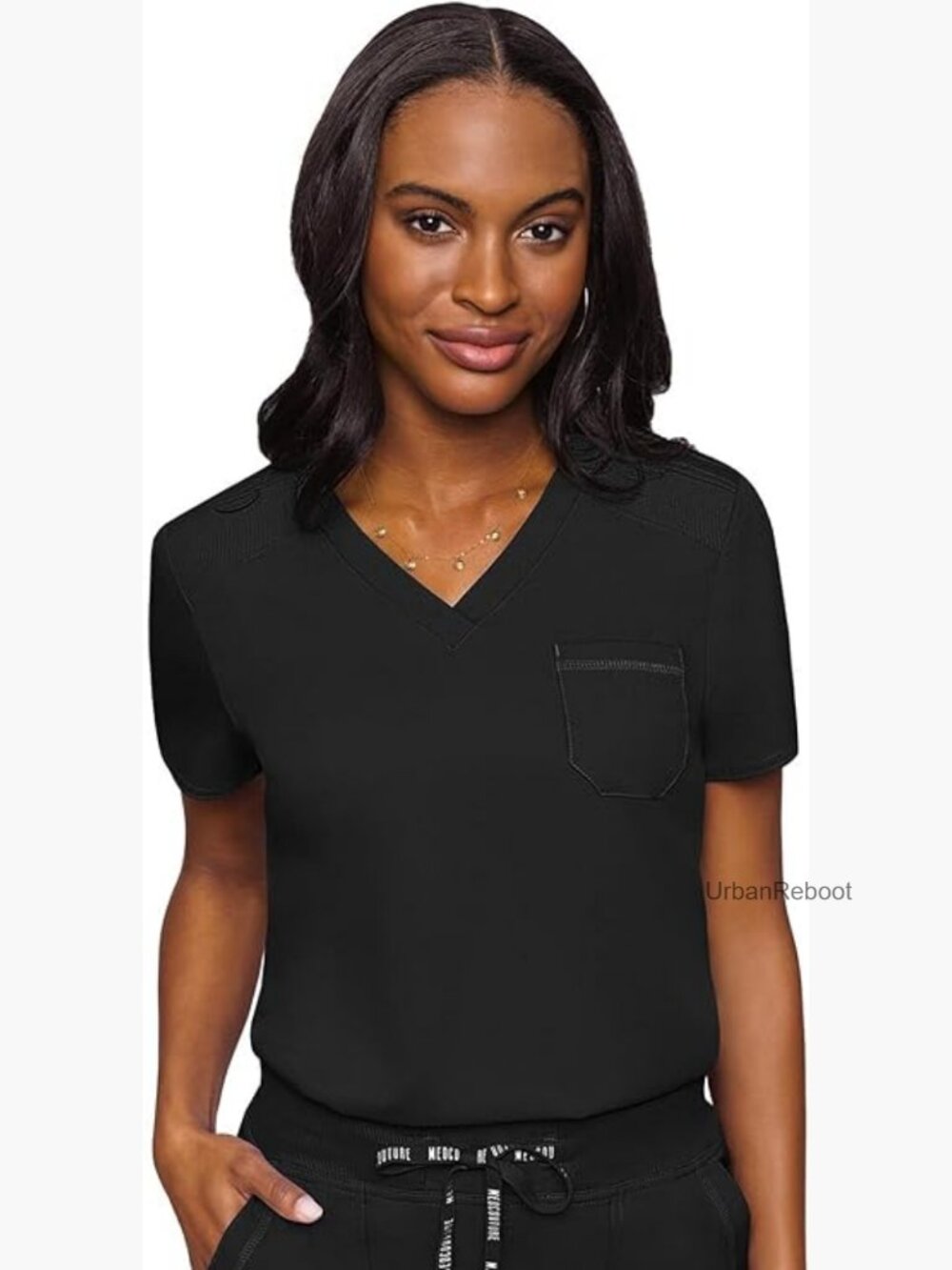 V-Neck Scrub Top with Chest Pocket and Stretchy Rib-Knit Shoulders